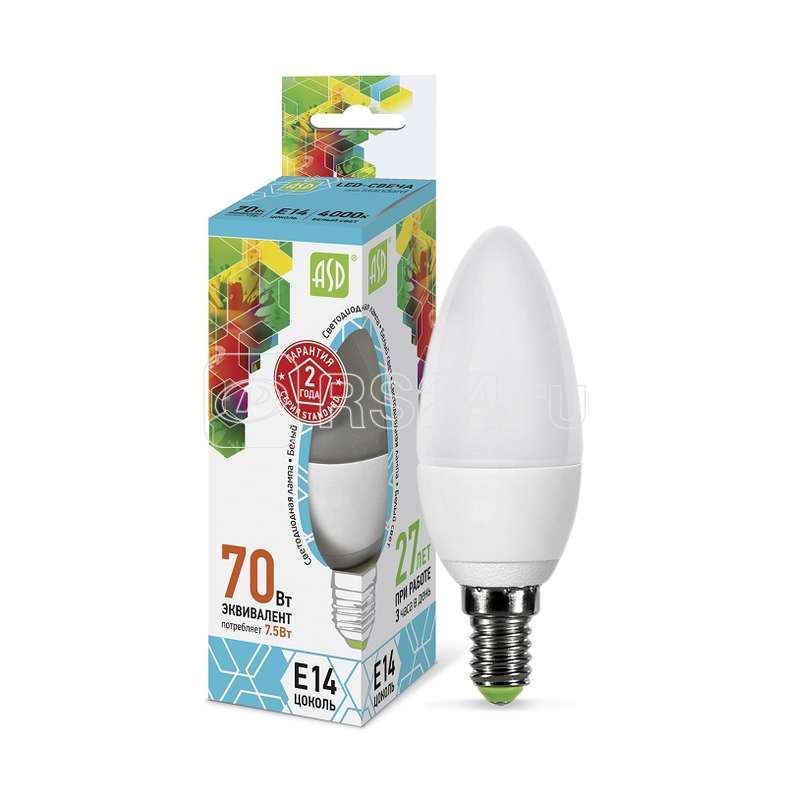 Лампа светодиодная LED-Свеча-standard 7.5Вт свеча 4000К нейтр. бел. E14 675лм 160-260В ASD 4690612003931 купить в интернет-магазине RS24