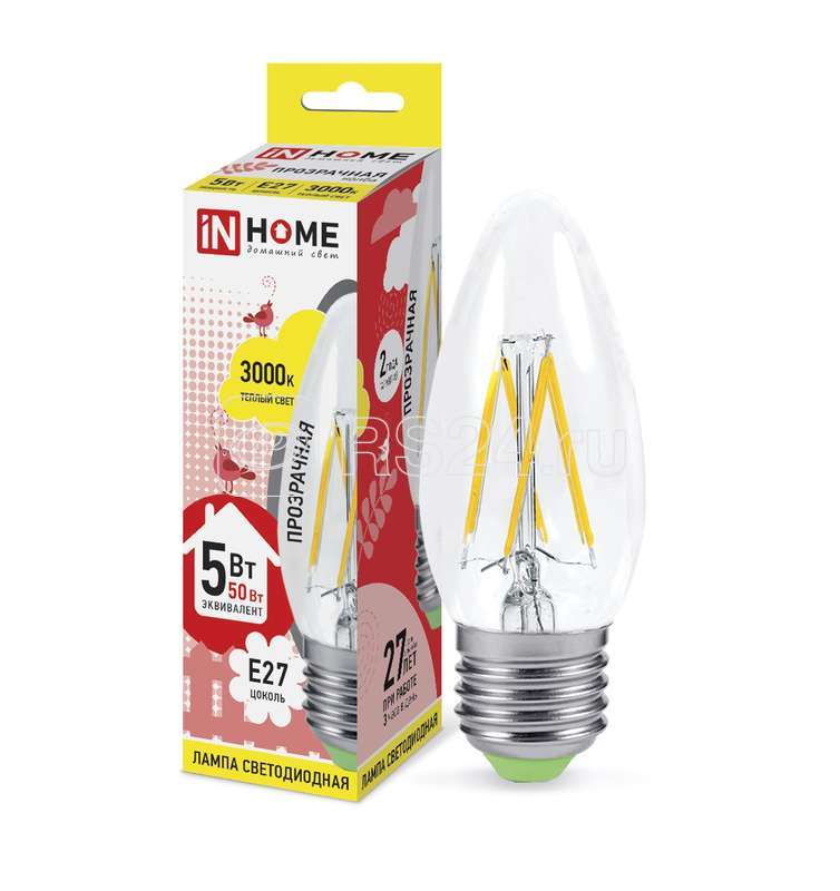 Лампа светодиодная LED-СВЕЧА-deco 5Вт 230В E27 3000К 450Лм прозр. IN HOME 4690612007588 купить в интернет-магазине RS24