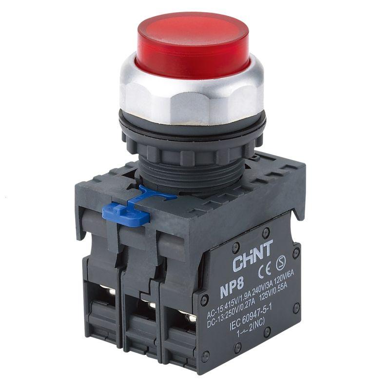 Кнопка управления выступ. NP8-10GND/4 подсвет. самовозв. красн. AC/DC 24В(LED) 1НО IP65 (R) CHINT 667301