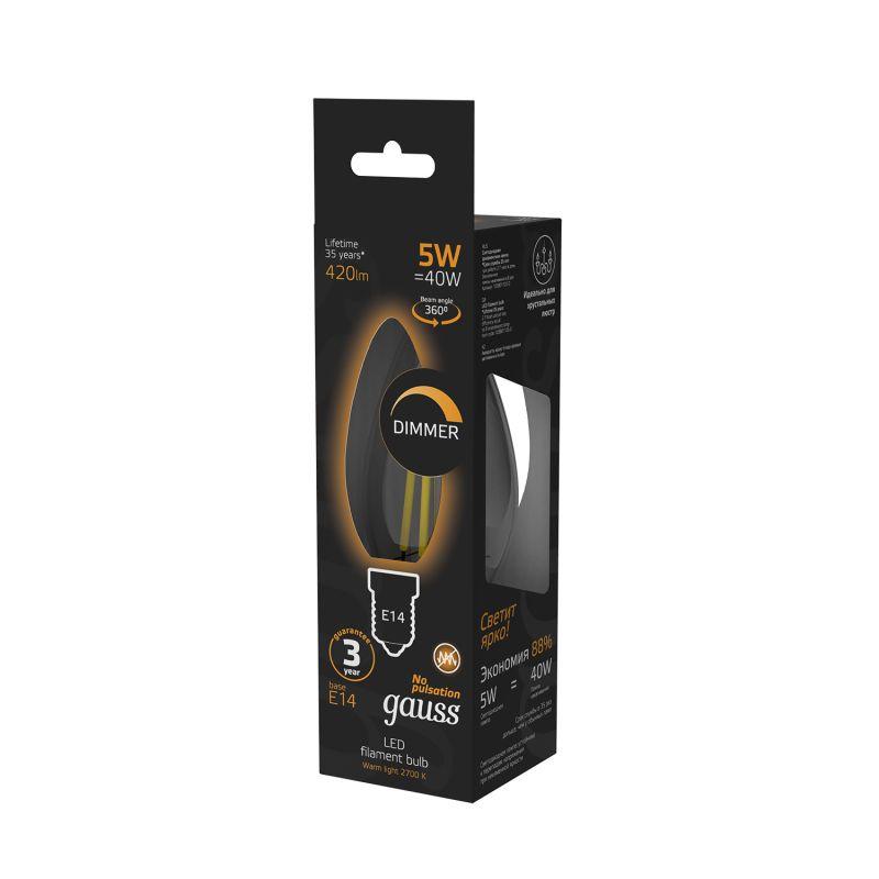 Лампа светодиодная филаментная Black Filament 5Вт свеча 2700К тепл. бел. E14 420лм диммир. GAUSS 103801105-D