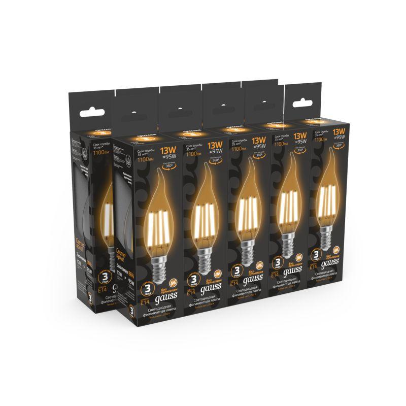 Лампа светодиодная филаментная Black Filament 13Вт свеча на ветру 2700К тепл. бел. E14 1100лм GAUSS 104801113