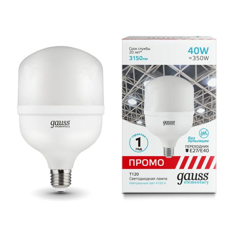 Лампа светодиодная Elementary 40Вт T120 цилиндр 4100К нейтр. бел. E27 3150лм Promo GAUSS 60424