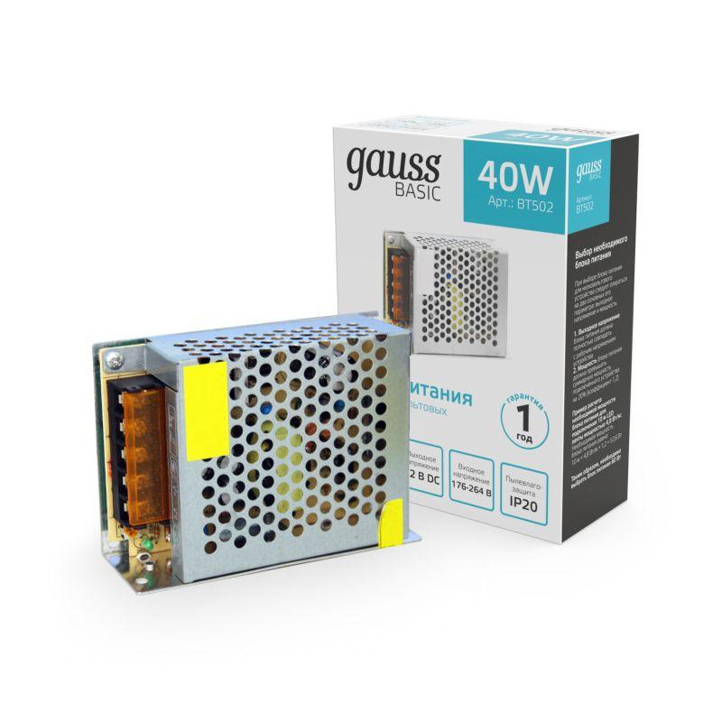 Блок питания для светодиод. ленты Basic 40Вт 12В IP20 (драйвер) GAUSS BT502