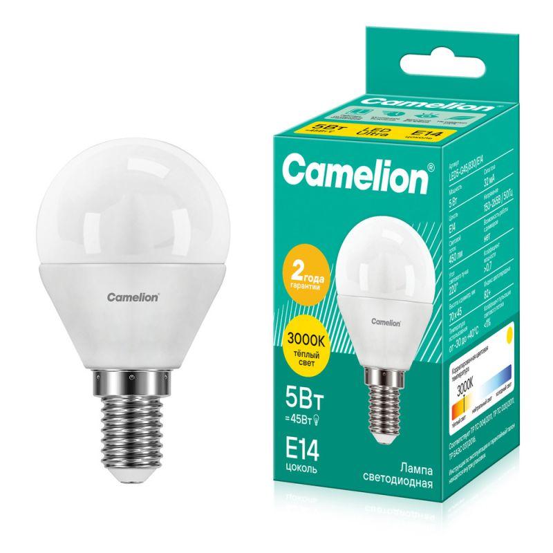 Лампа светодиодная LED5-G45/830/E14 5Вт шар матовая 3000К тепл. бел. E14 410лм 220В Camelion 12027