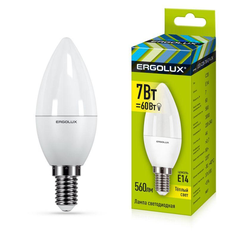 Лампа светодиодная LED-C35-7W-E14-3000K 7Вт свеча матовая 3000К тепл. бел. E14 220-240В Ergolux 12134