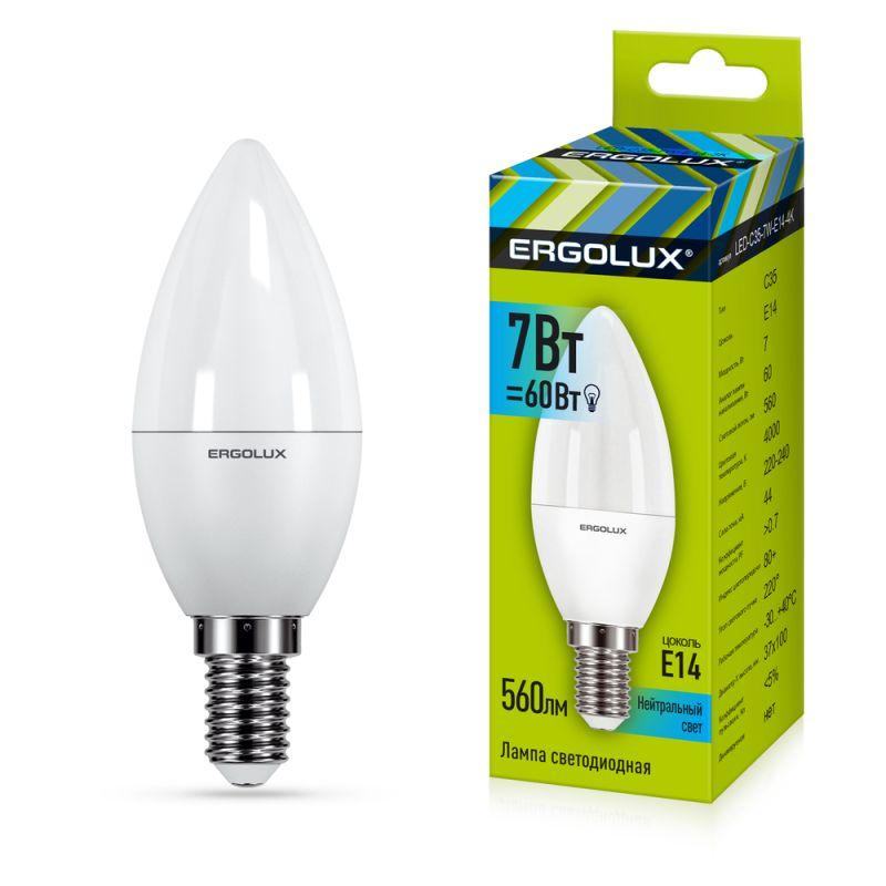 Лампа светодиодная LED-C35-7W-E14-4500K 7Вт свеча матовая 4500К бел. E14 172-265В Ergolux 12135