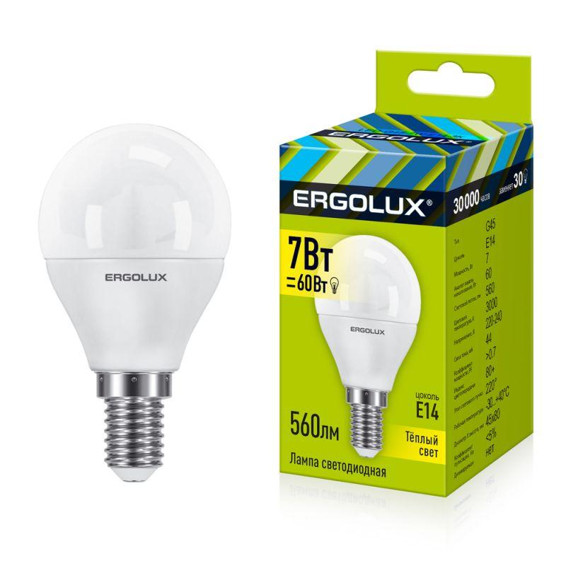 Лампа светодиодная LED-G45-7W-E14-3000K 7Вт шар матовая 3000К тепл. бел. E14 220-240В Ergolux 12142
