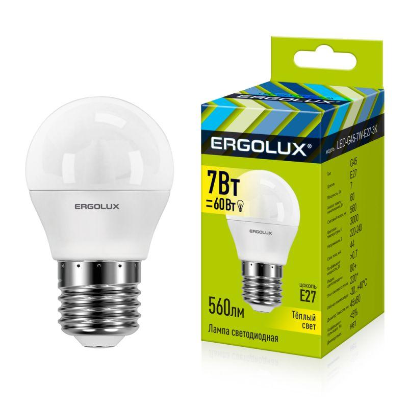 Лампа светодиодная LED-G45-7W-E27-3000K 7Вт шар матовая 3000К тепл. бел. Е27 220-240В Ergolux 12143
