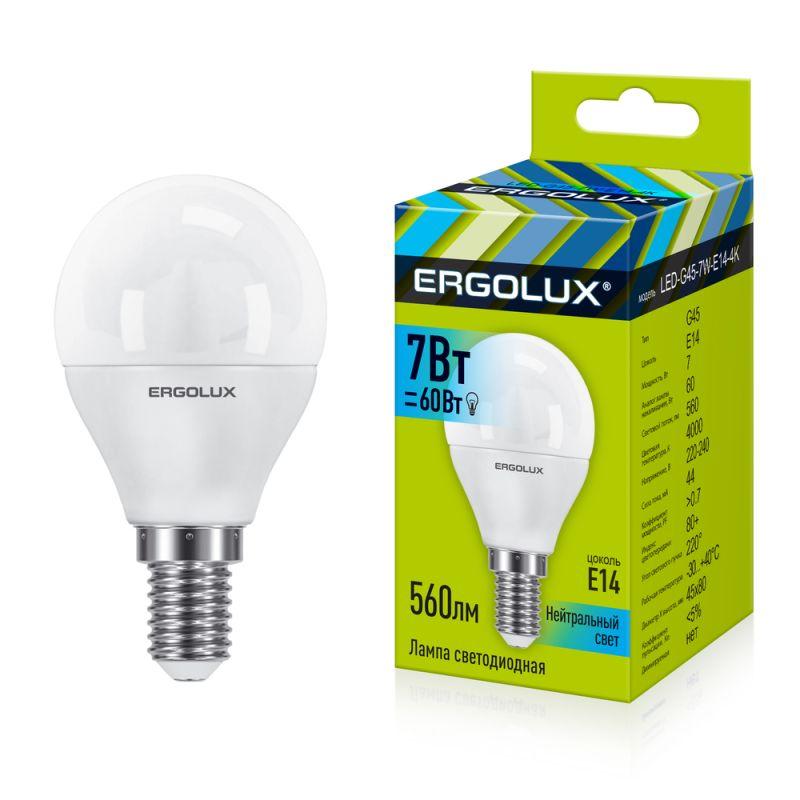 Лампа светодиодная LED-G45-7W-E14-4500K 7Вт шар матовая 4000К бел. E14 220-240В Ergolux 12144