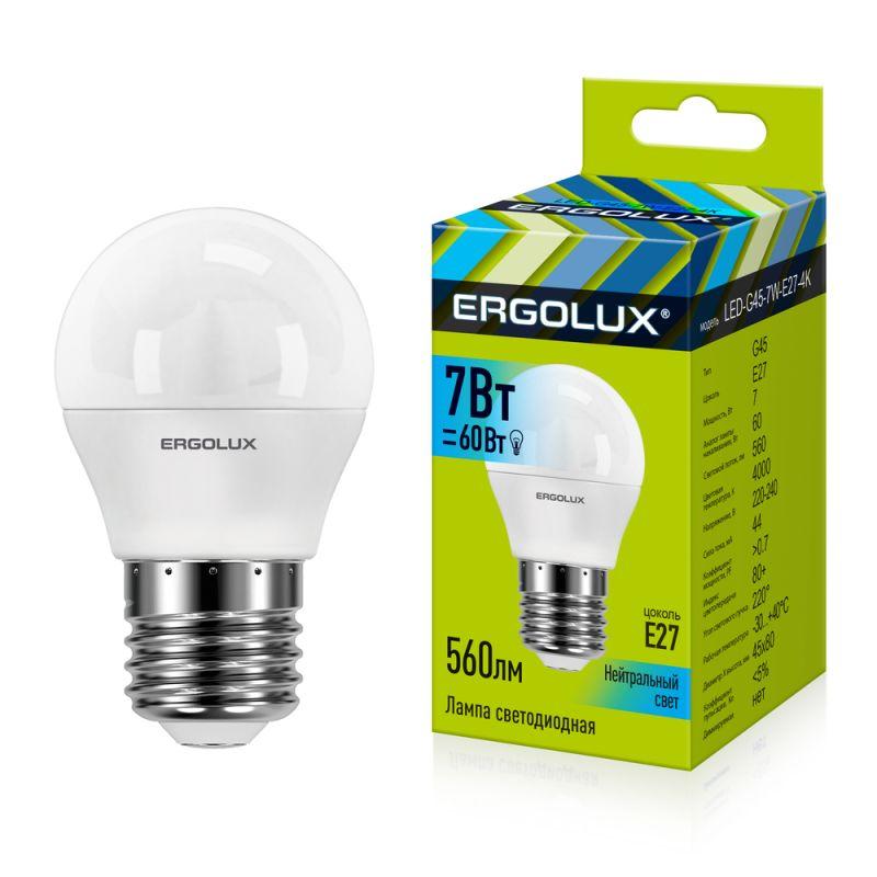 Лампа светодиодная LED-G45-7W-E27-4500K 7Вт шар матовая 4000К бел. E27 220-240В Ergolux 12145