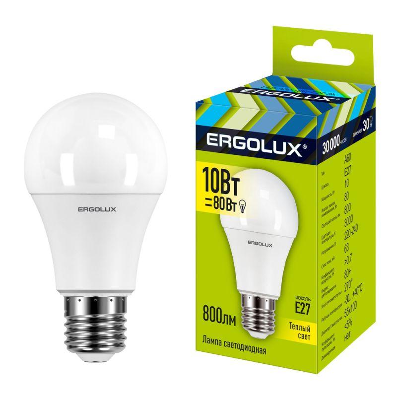 Лампа светодиодная LED-A60-10W-E27-3000K 10Вт грушевидная матовая 3000К тепл. бел. E27 220-240В ЛОН Ergolux 12148