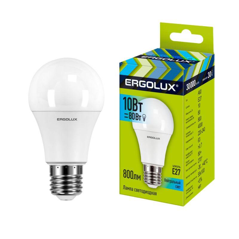Лампа светодиодная LED-A60-10W-E27-4K 10Вт грушевидная матовая 4000К бел. E27 220-240В ЛОН Ergolux 12149