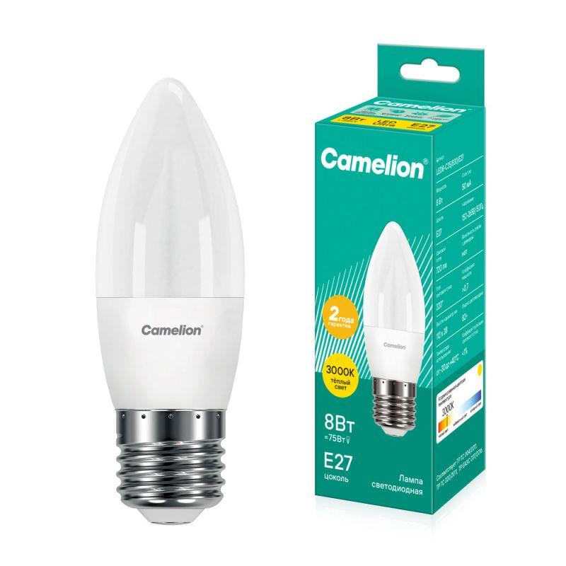 Лампа светодиодная LED8-C35/830/E27 8Вт свеча 3000К тепл. бел. E27 720лм 220В Camelion 12389