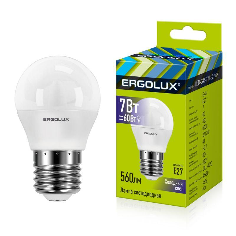Лампа светодиодная LED-G45-7W-E27-6500K 7Вт шар матовая 6500К холод. бел. Е27 220-240В Ergolux 12877