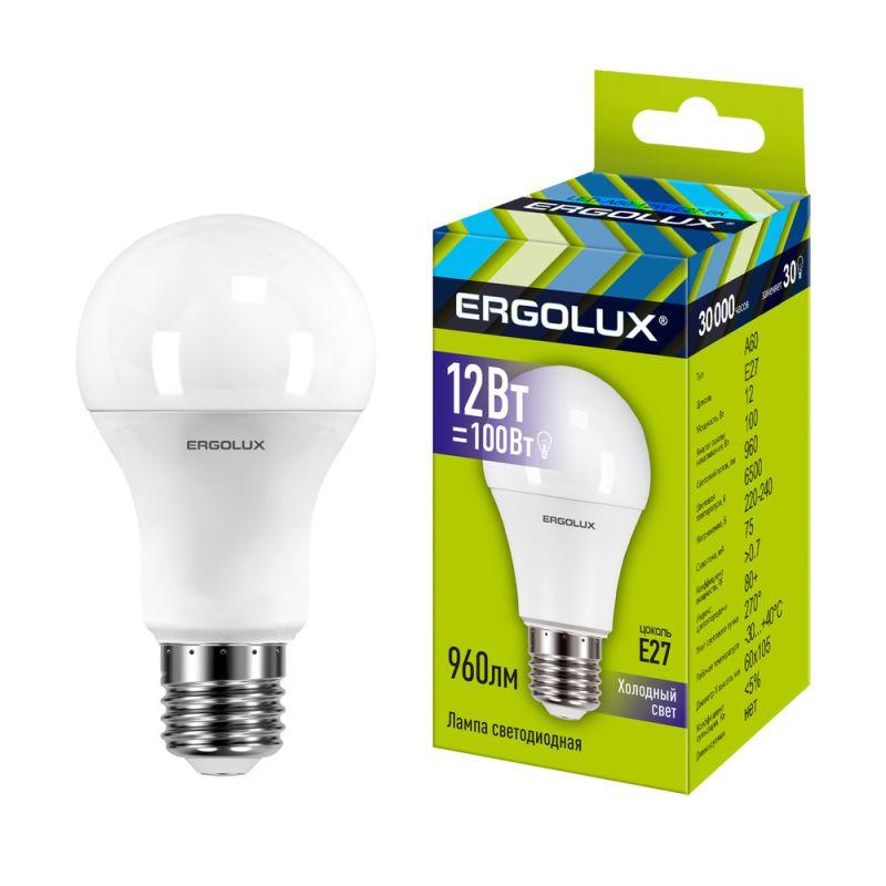 Лампа светодиодная LED-A60-12W-E27-6K 12Вт грушевидная матовая 6500К холод. бел. E27 220-240В ЛОН Ergolux 12880
