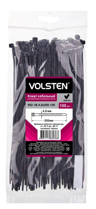 Хомут V02-1B-4.8х200-100 4.8х200 нейл. черн. (уп.100шт) Volsten 12963