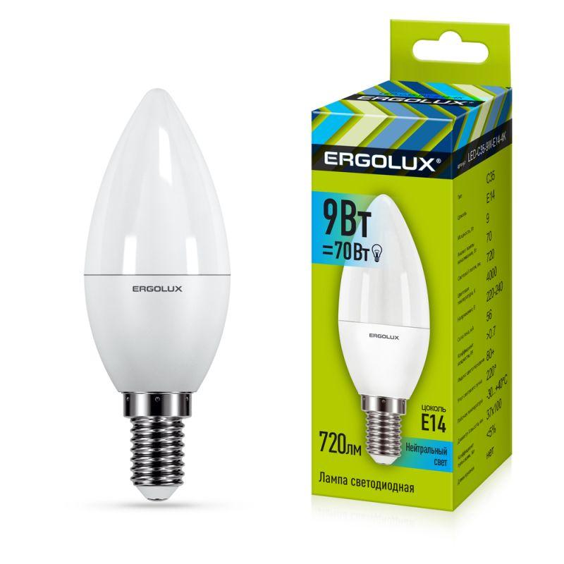 Лампа светодиодная LED-C35-9W-E14-4К 9Вт свеча матовая 4000К бел. E14 220-240В Ergolux 13168