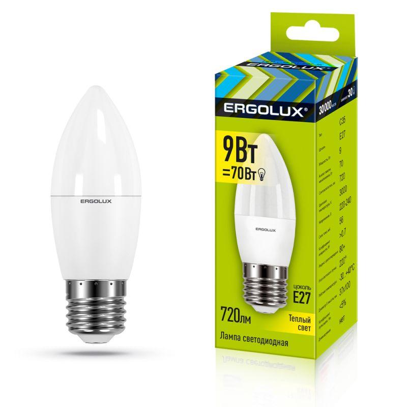 Лампа светодиодная LED-C35-9W-E27-3К 9Вт свеча матовая 3000К тепл. бел. E27 220-240В Ergolux 13170