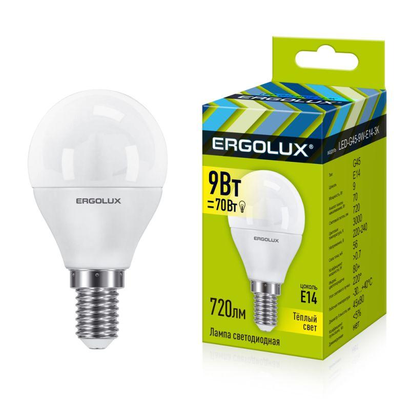 Лампа светодиодная LED-G45-9W-E14-3К 9Вт шар матовая 3000К тепл. бел. E14 220-240В Ergolux 13173