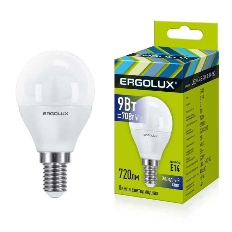 Лампа светодиодная LED-G45-9W-E14-6К 9Вт шар матовая 6500К холод. бел. E14 220-240В Ergolux 13175