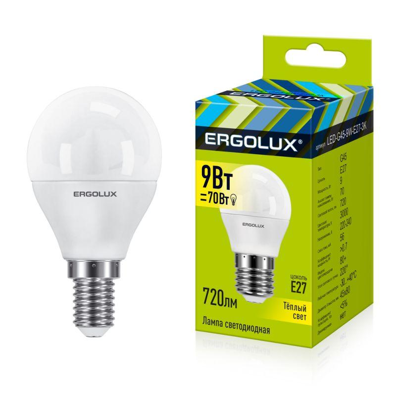 Лампа светодиодная LED-G45-9W-E27-3К 9Вт шар матовая 3000К тепл. бел. E27 220-240В Ergolux 13176