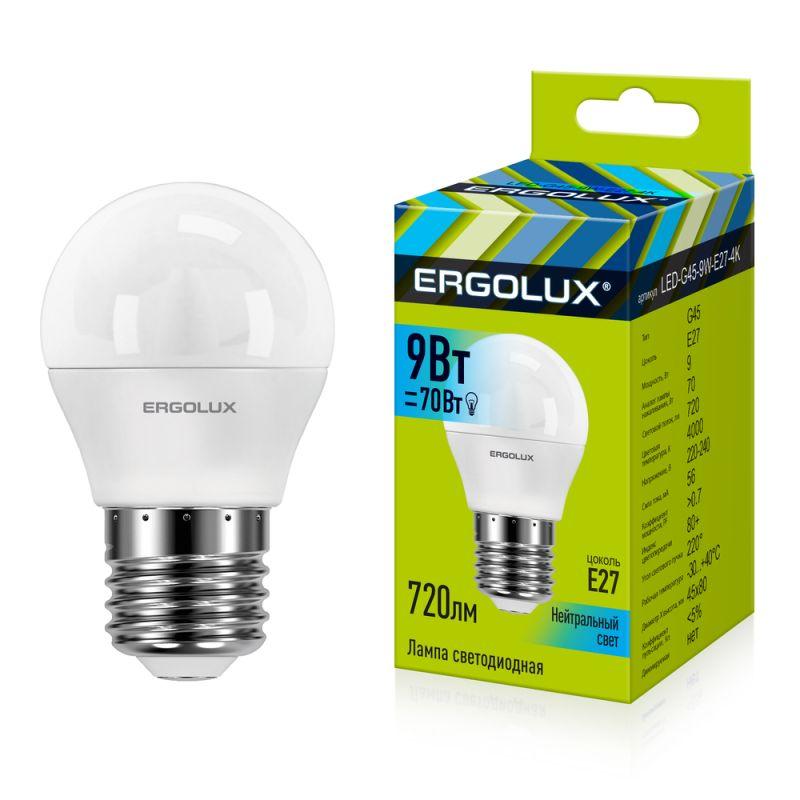 Лампа светодиодная LED-G45-9W-E27-4К 9Вт шар матовая 4000К бел. E27 780лм 220-240В Ergolux 13177