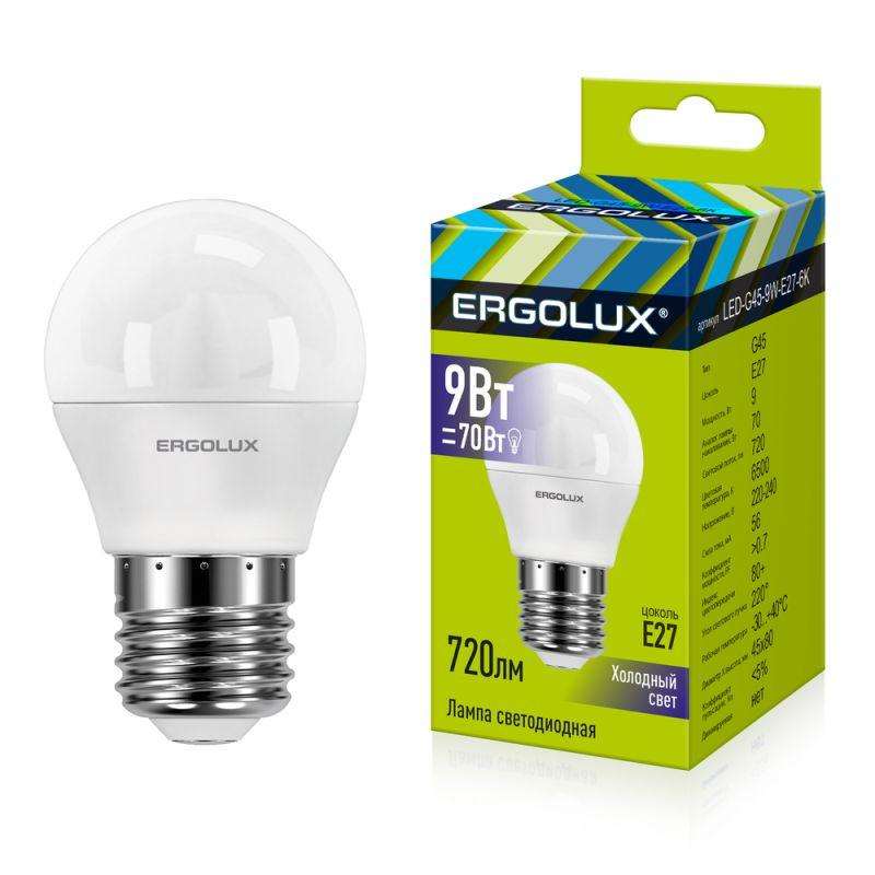 Лампа светодиодная LED-G45-9W-E27-6К 9Вт шар матовая 6500К холод. бел. E27 220-240В Ergolux 13178