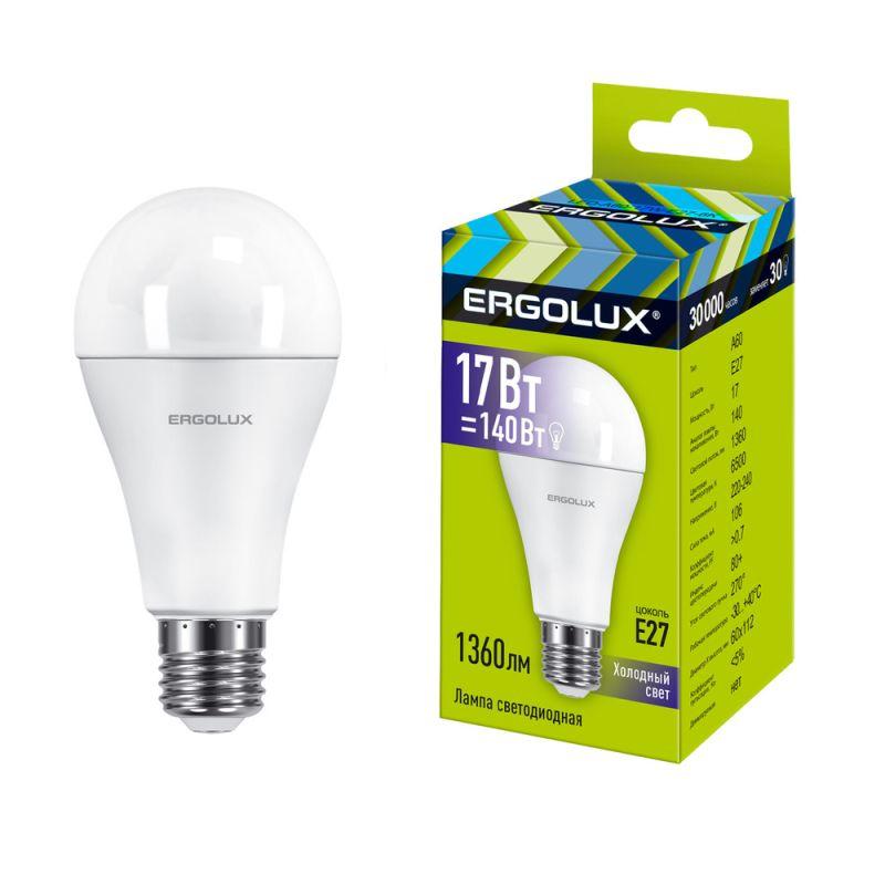 Лампа светодиодная LED-A60-17W-E27-6K 17Вт грушевидная матовая 6500К холод. бел. E27 220-240В ЛОН Ergolux 13181