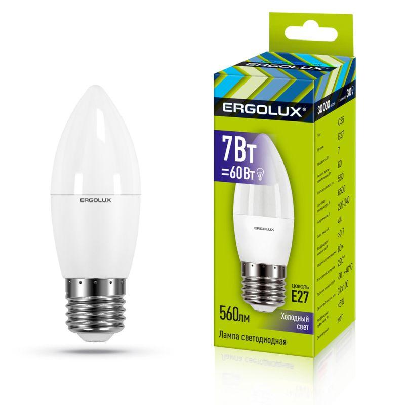 Лампа светодиодная LED-C35-7W-E27-6K 7Вт свеча матовая 6500К холод. бел. E27 220-240В Ergolux 13299