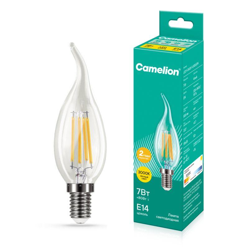 Лампа светодиодная филаментная LED7-CW35-FL/830/E14 7Вт свеча прозрачная 3000К тепл. бел. E14 220В Camelion 13454