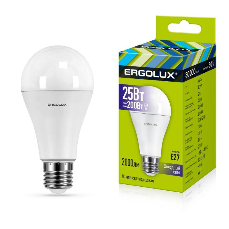 Лампа светодиодная LED-A65-25W-E27-6K ЛОН 25Вт грушевидная 6500К холод. бел. E27 220-240В Ergolux 14228