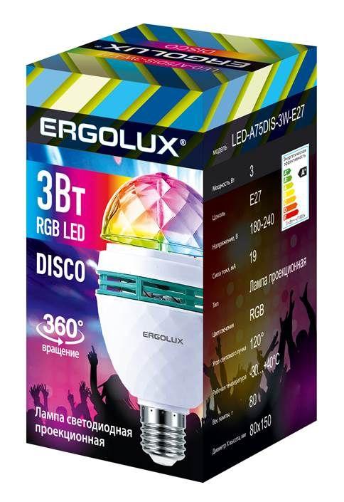 Лампа светодиодная DISCO 3Вт Е27 RGB 220-240В LED-A75DIS-3W-E27 Ergolux 14541