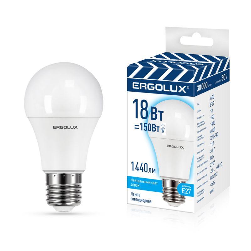 Лампа светодиодная LED-A60-18W-E27-4K 18Вт грушевидная 4500К бел. Е27 172-265В (замена ЛОН) ПРОМО Ergolux 15558