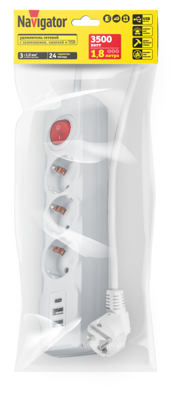 Удлинитель 3х1.8м с заземл. 16А IP20 61 455 NPE-USB01-03-180-ESC-3х1 2хUSB 2.1А 3х1 с выкл. Navigator 61455