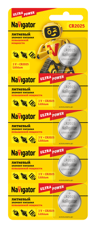 Элемент питания литиевый CR2025 94 764 NBT-CR2025-BP5 (блист.5шт) Navigator 94764