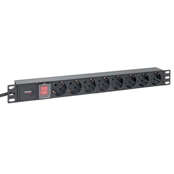 Блок PDU TERACOM PRO 19дюйм 1U 16А/250В 8 роз. Schuko с выключат. шнур 2м 3х1.5кв.мм вилка Schuko корпус алюм. черн. EKF TRP-HPD-LS-16A-8SH-2MSH