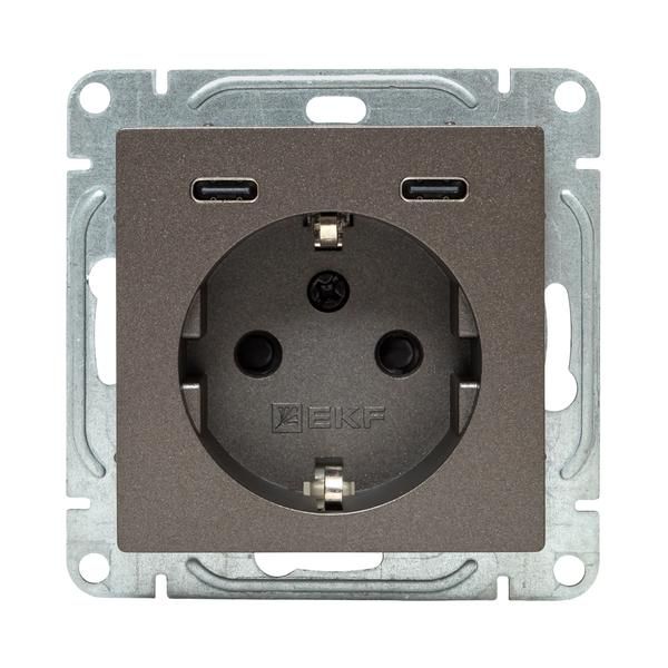 Розетка СП Эпика 16А с 2 USB-C с заземл. защ. шторки механизм мокко EKF UP1-SOM-111-2USBC