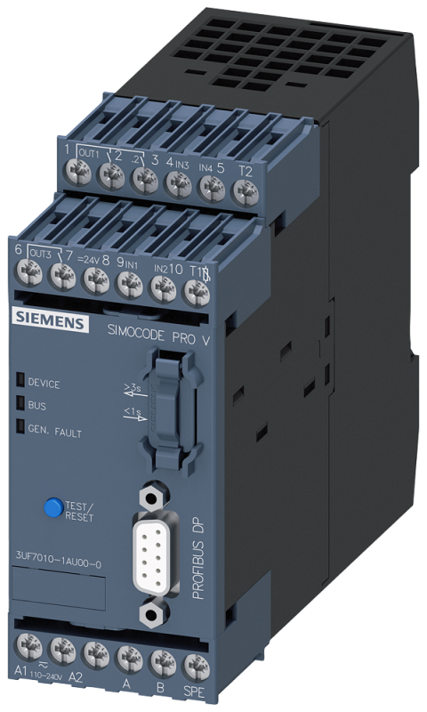 Модуль базовый 2 Simocode PRO V; Profibus DP-Интерфейс 12Мбит/с RS485; 4вх./3вых. свободн. параметрир.; US: AC/DC 110-240В термисторн. защита двигат.; моностабил. вых. Siemens 3UF70101AU000