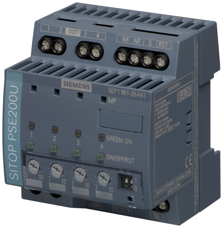 Модуль селективности SITOP PSE200U 10А 4х-канальный вх.:=24В вых.:=24В/10А поканальная настройка вых. на ток 3-10А со статусным сообщением для канала Siemens 6EP19612BA41