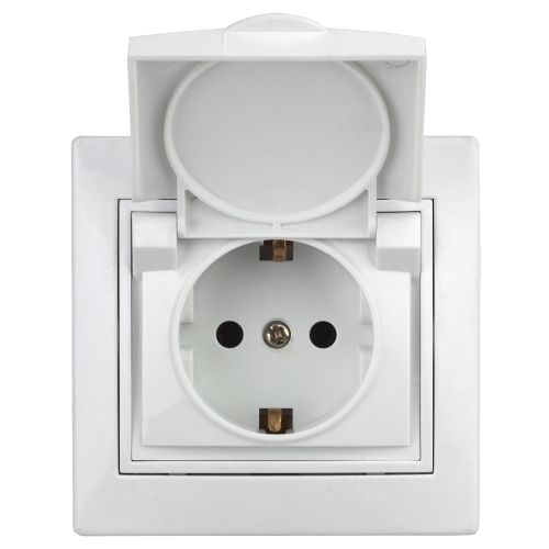 Розетка 1-м СП Plano 1-207-01 16А IP42 250В 2P+E Schuko защ. шторки с крышкой бел. Intro Б0053932