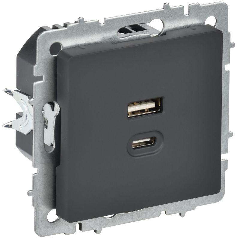 Розетка СП BRITE РЮ11-2-БрГ USB A+C 45Вт высокоскор. заряд. графит IEK BR-U22-045-K53