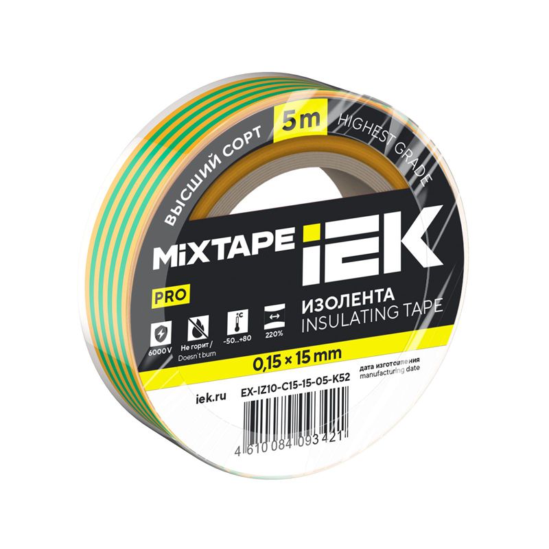 Изолента 0.15х15мм (рул.5м) желт./зел. IEK EX-IZ10-C15-15-05-K52