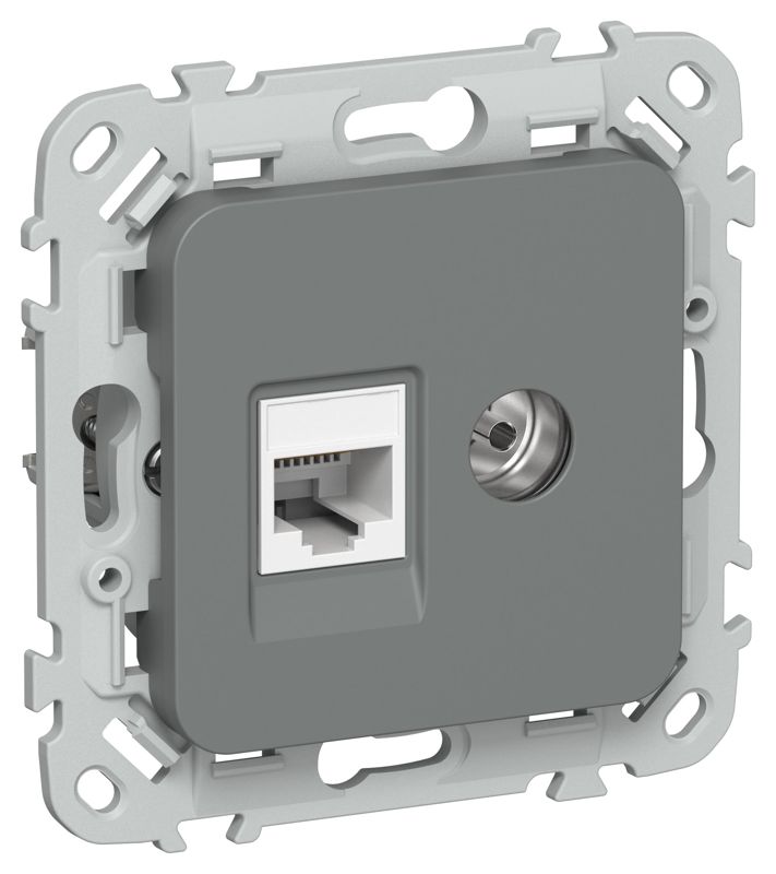 Розетка 2-м СП FLITE РКТВ5е-2-0-ФлМА RJ45/TV кат.5E UTP механизм мокрый асфальт IEK FI-AK22-1-K80