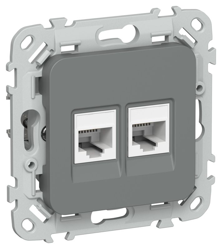 Розетка 2-м СП FLITE РКТ5е/3-2-0-ФлМА RJ45/RJ11 кат.5E/3 UTP механизм мокрый асфальт IEK FI-KT22-1-K80
