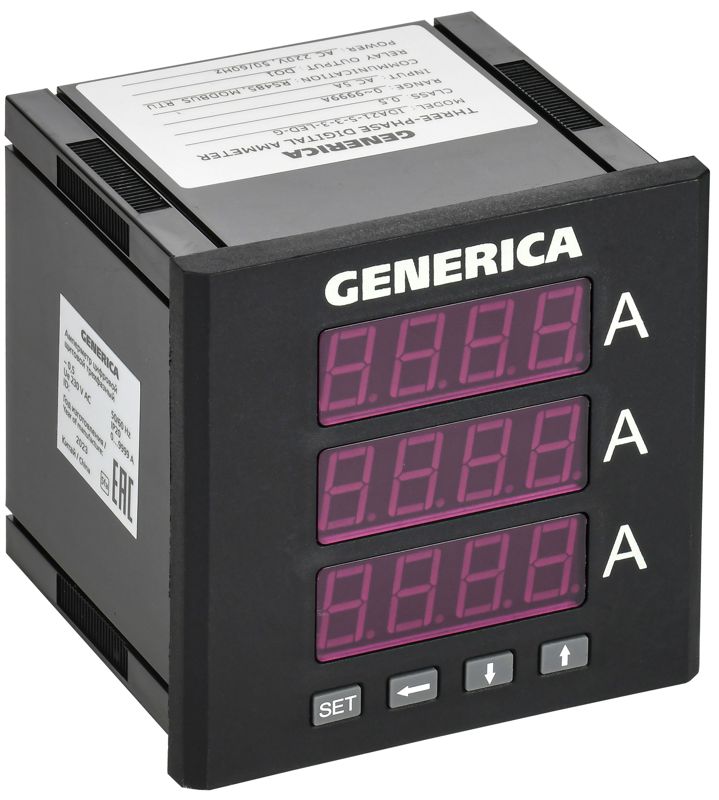 Амперметр цифровой щитовой 3ф DO RS-485 96х96 LED GENERICA IDA21-5-3-3-LED-G