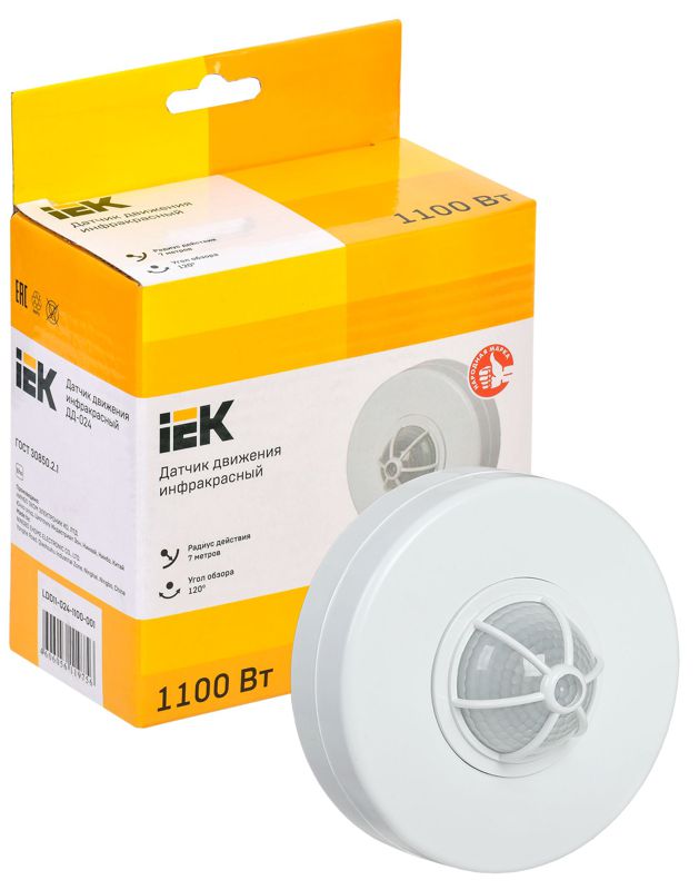 Детектор движения ДД 024 1100Вт угол. обз. 120-360град. 6м IP33 бел. IEK LDD11-024-1100-001