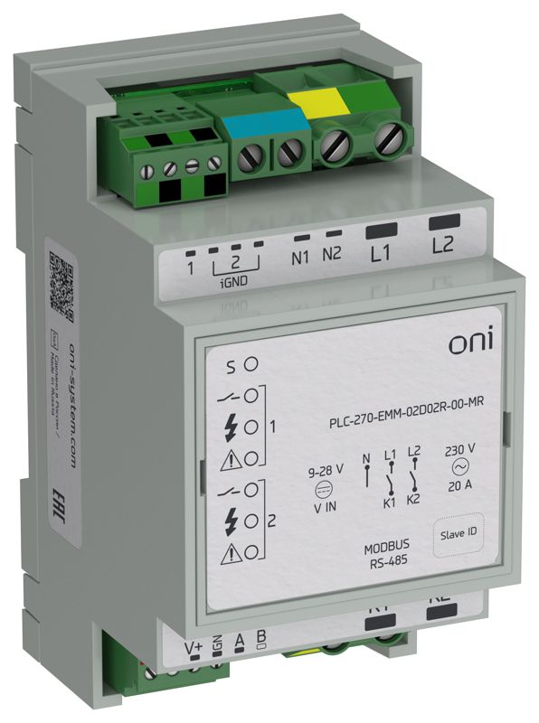 Модуль измерительный Modbus RTU 2 дискретных входа 2 релейных выхода с измерением активной мощности и напряжения ПЛК 270 ONI PLC-270-EMM-02D02R-00-MR