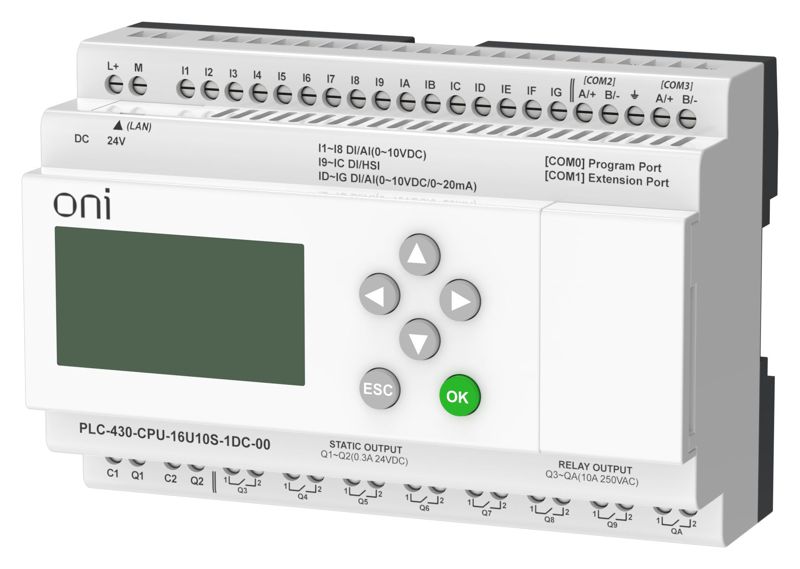 Модуль ЦПУ ПЛК 430 4 DI 12 UI (0-10В/DI) 8 RO 2 TO 24В DC с Ethernet портом с экраном ONI PLC-430-CPU-16U10S-1DC-00