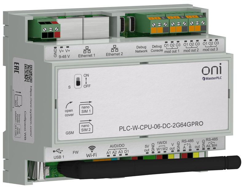 Контроллер CPU 6 IO 2ГБ RAM 64ГБ ROM 24В DC спец. промышлен. исполнения ПЛК W ONI PLC-W-CPU-06-DC-2G64GPRO