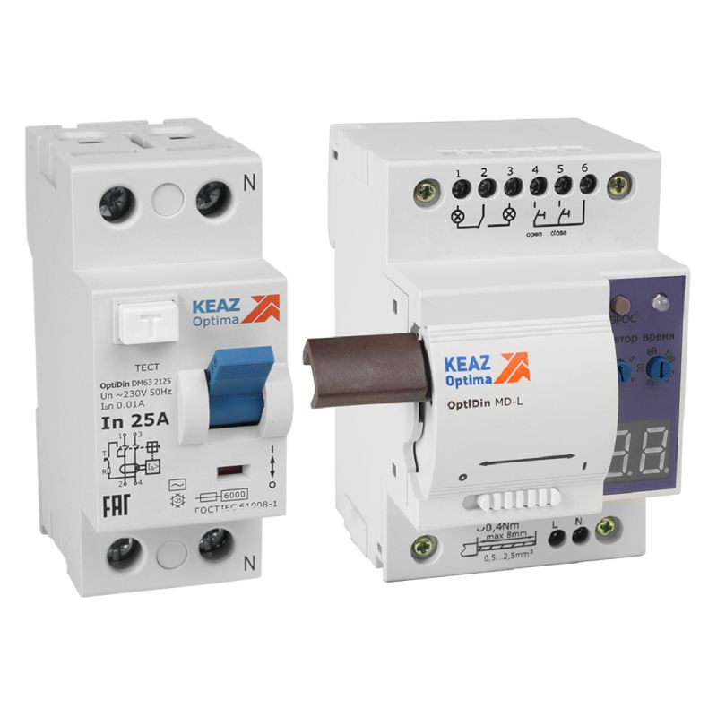 Моторпривод OptiDin MD-L-УХЛ4 + ВДТ без защиты от сверхтоков OptiDin DM63-2263-A-УХЛ4 (2P 63 30mA) КЭАЗ 361844